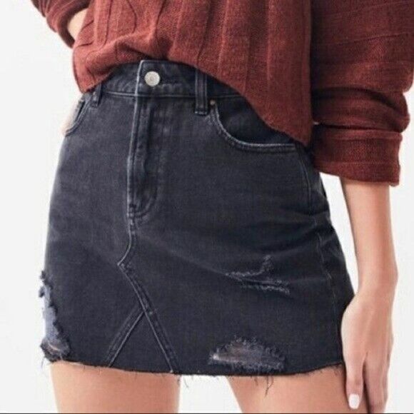 Pacsun Distressed‎ Raw Hem Denim Jean Mini Skirt Washed Black Womens Size 26 - Picture 1 of 12